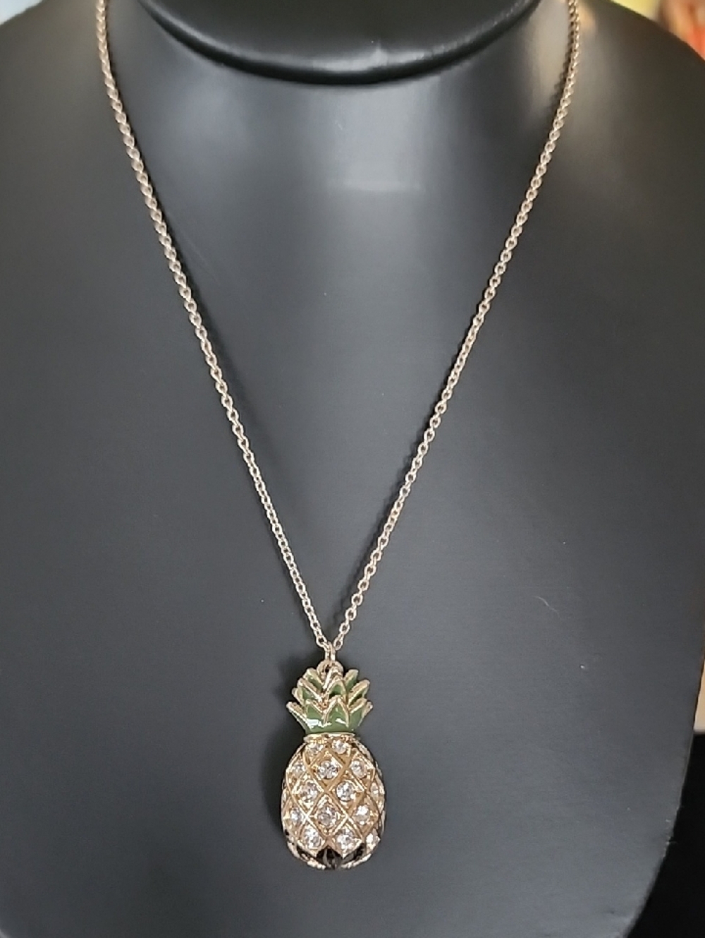 Gold-Tone Pineapple Pendant Necklace with Green Enamel Crown